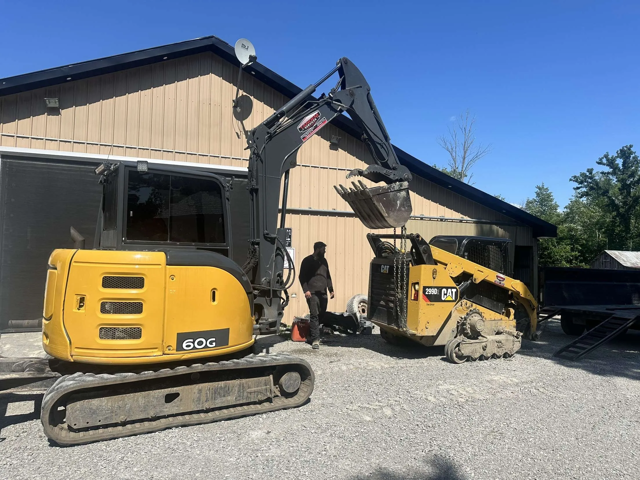 Tandem Services mini excavator and skid steer parked beside a shop
